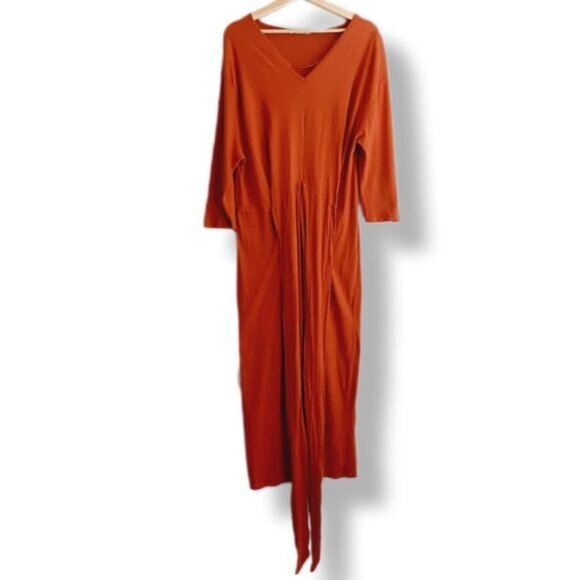 ZARA | 100% Cotton Minimalist Modern V-Neck Midi Dress Orange Sz S - Picture 14 of 16